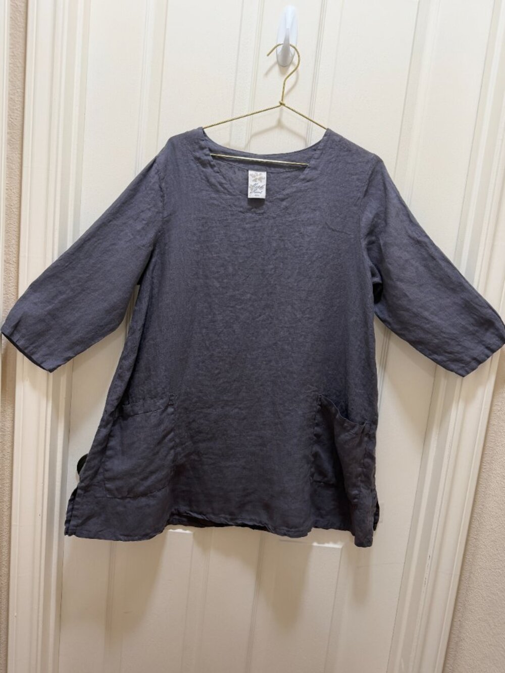 Match Point USA 100% Linen Tunic Top Size S Gray‎ Patch Pockets Lagenlook Boho - Picture 6 of 13